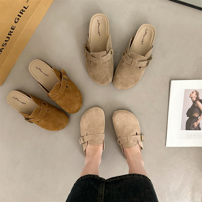 Fengda Women's Thick Sole Leather Birkenstock Slippers 2024 Autumn Retro Casual Mules