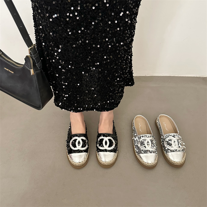 Women's Summer French Style Thick Sole Fisherman Loafer Mule Slippers with Sequins