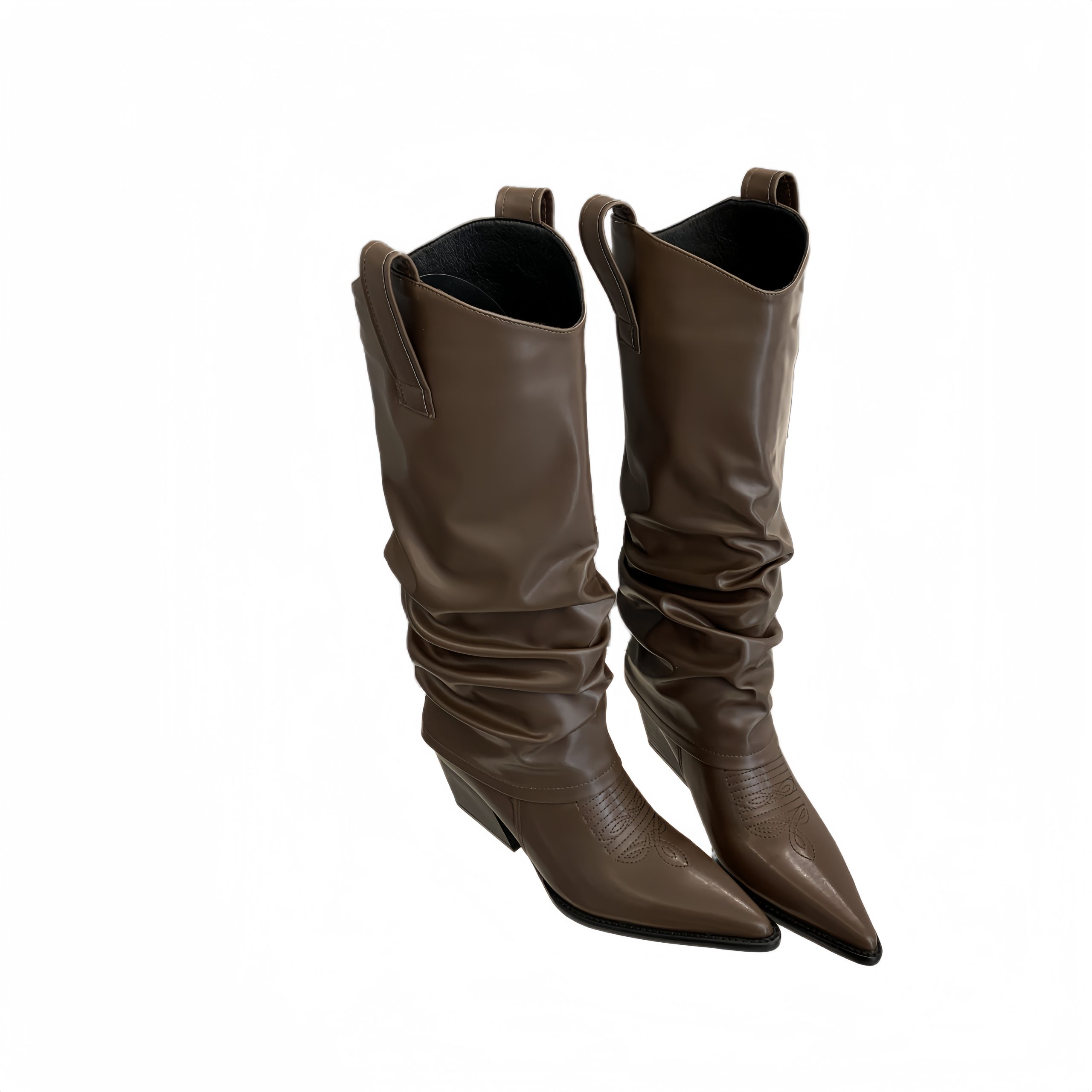 2024 Double Layer Leather Embroidered Wrinkled Boots Retro Chunky Heel Pointed Toe Women's Tall Boots Autumn - Image 5