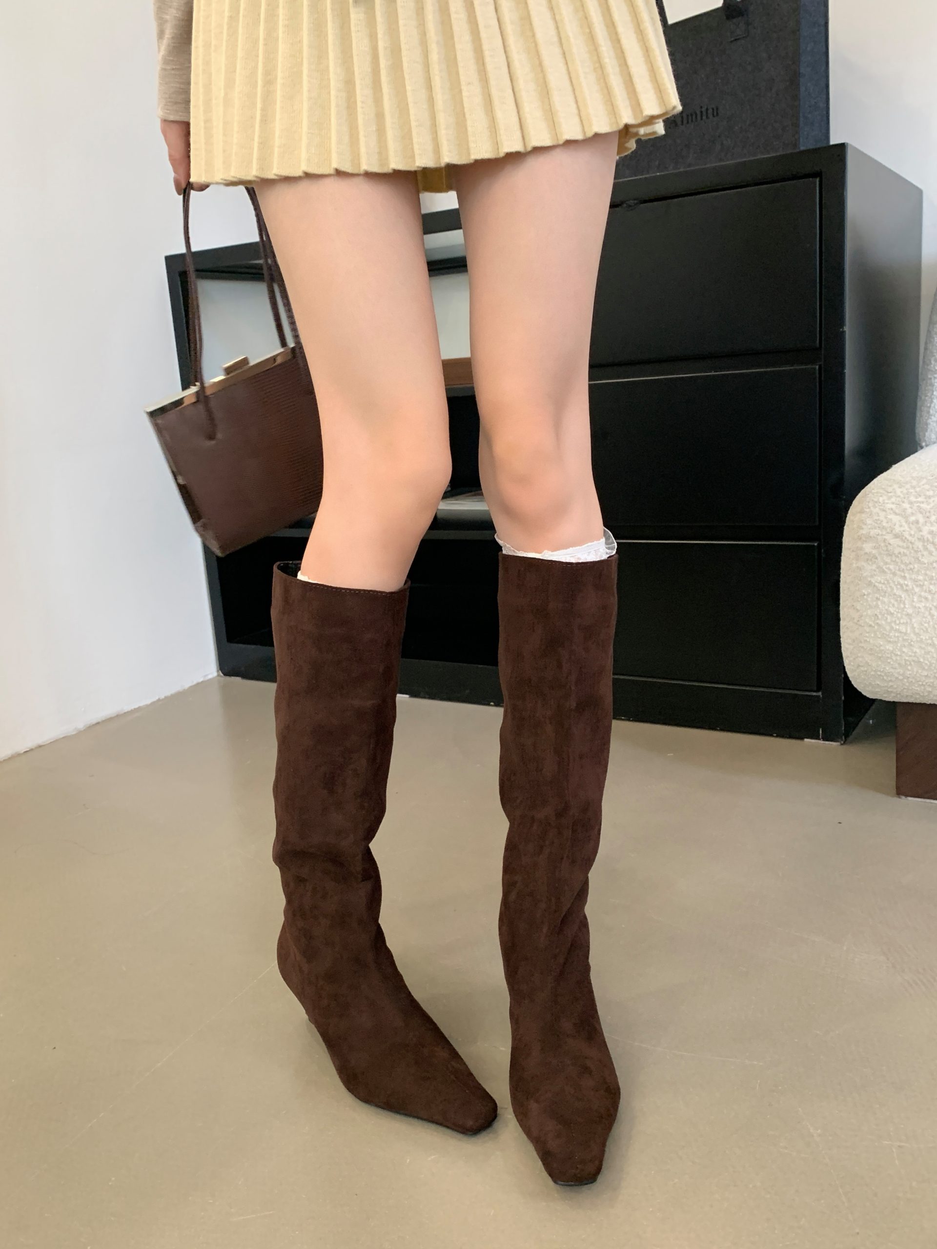 2024 New Autumn Winter Small Square Toe Patent Leather Kitten Heel Straight Tube Over Knee Boots Women's Fashion Boots