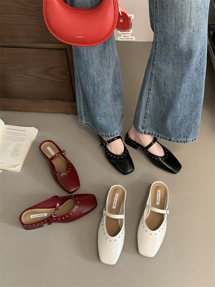 French Style Red Mary Jane Shoes for Women 2025 Spring Chunky Heel Peep Toe Bow Buckle Studded Slip On