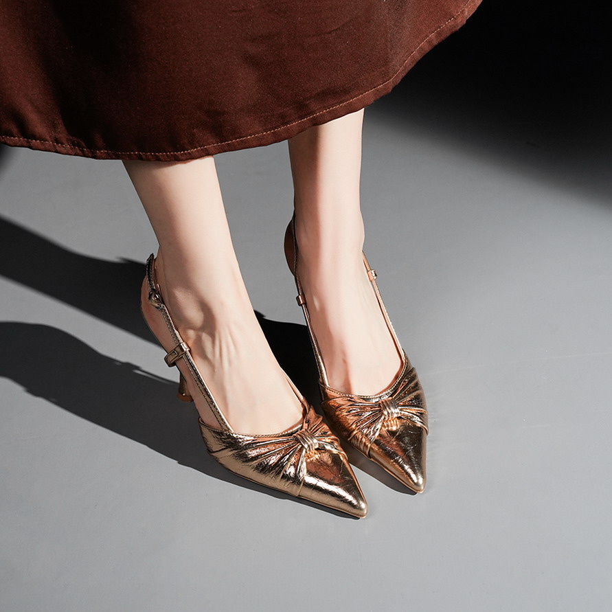 BIG WOOD Women's Pointed Toe Strap Sandals with Bow and Twisted Pattern, 9cm Heel, Party Shoes