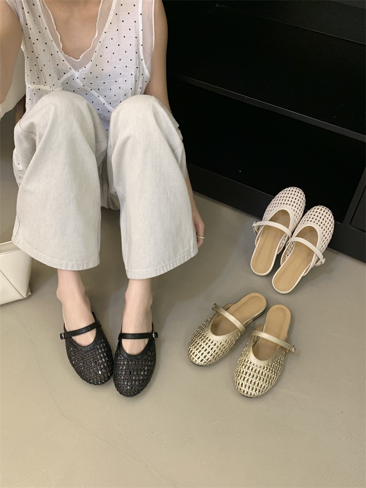 2026 Summer New Hollow Mesh One-Strap Round Toe Woven Low Heel Slippers for Women