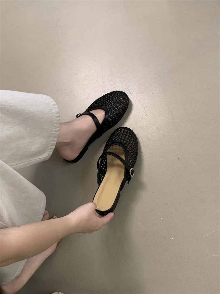 2026 Summer New Hollow Mesh One-Strap Round Toe Woven Low Heel Slippers for Women - Image 2