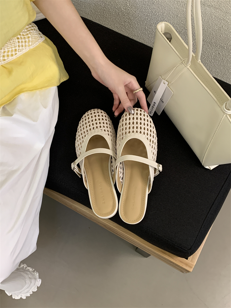 2026 Summer New Hollow Mesh One-Strap Round Toe Woven Low Heel Slippers for Women - Image 4