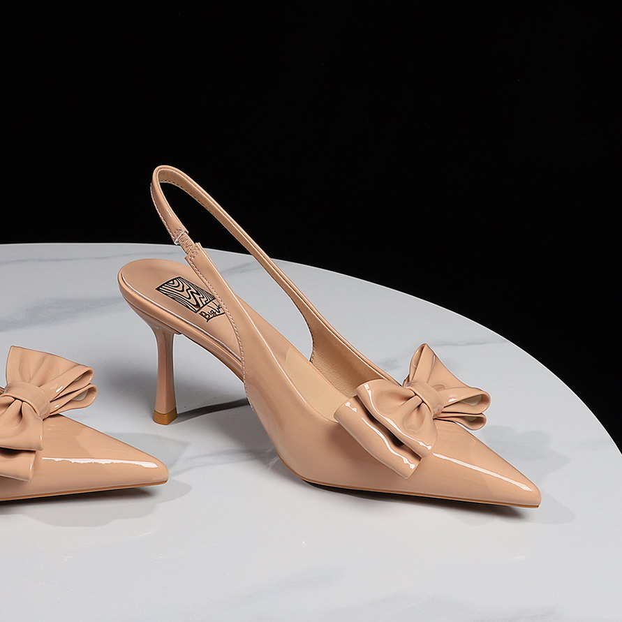 European American Style Banquet High Heel Women's Shoes Patent Leather Bow Pointed Toe Open Back Strap