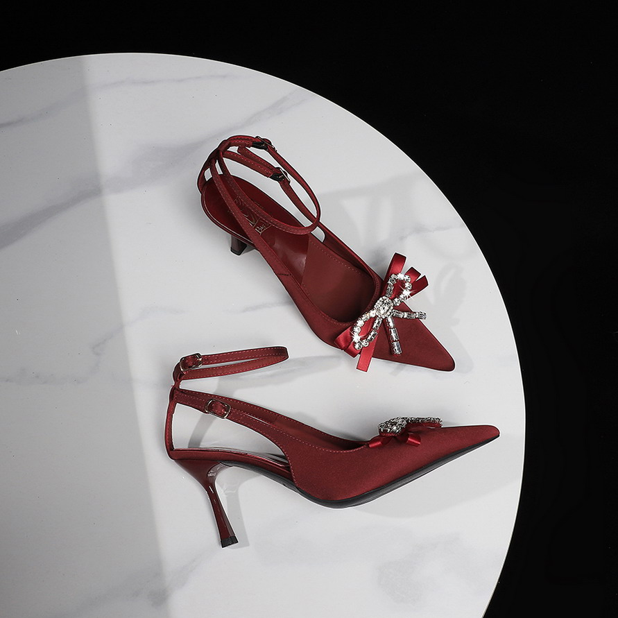 European American Style Banquet One-Strap Buckle High Heel Women's Shoes Rhinestone Ribbon Bow Satin Shoes