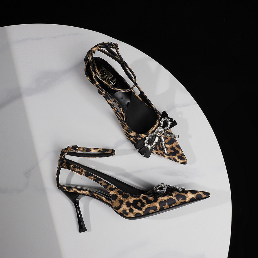 Women's European American Style Party Rhinestone Ribbon Bow One-Strap Buckle Strap High Heel Leopard Print Satin Shoes