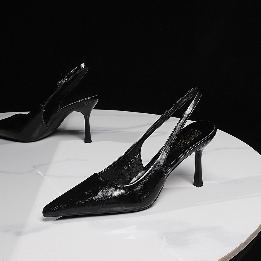 Korean Style Open Back Strap Comfortable High Heel Women's Shoes Pointed Toe Shallow Mouth Premium Patent Leather Sandals